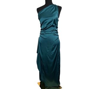 One Shoulder Satin Maxi Dress Womens Large Teal Ruched Stretch Gown
